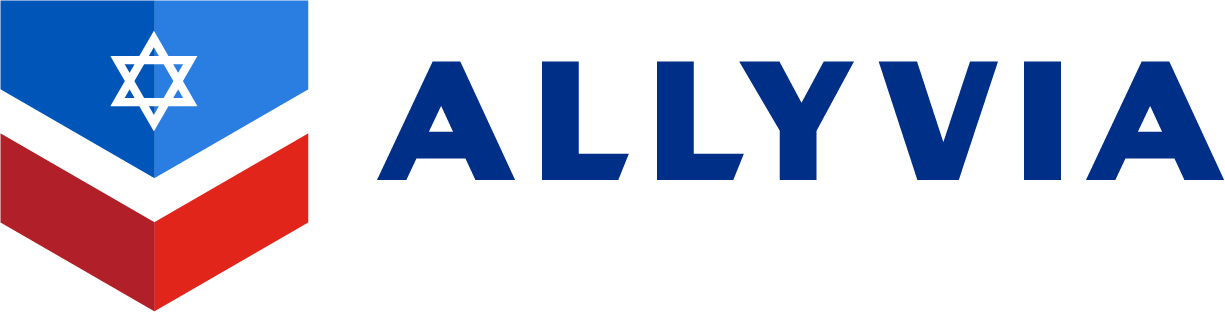 The Allyvia.org logo: a red, white and blue shield with a Star of David beside the word ALLYVIA